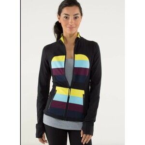 LULULEMON Forme Jacket Zip Cuffins Black Pow Stripe Luon Sz 10 Large Athleisure